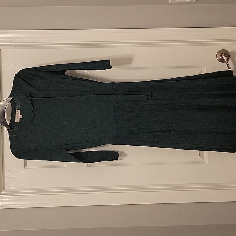 Nanette Leopard Women Metallic Knit Sweater Dress Green 3/4 Sleeve NWT Large